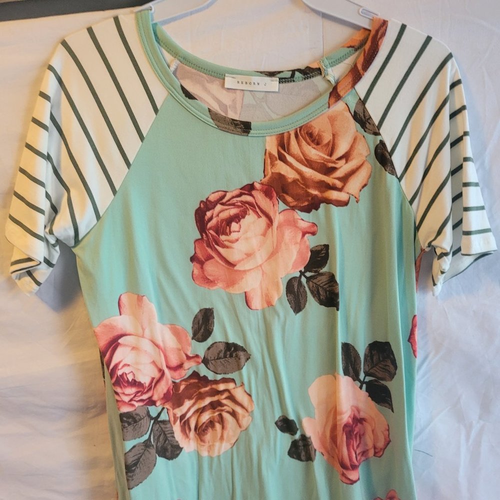 Reborn J Teal Floral stripped short sleeve